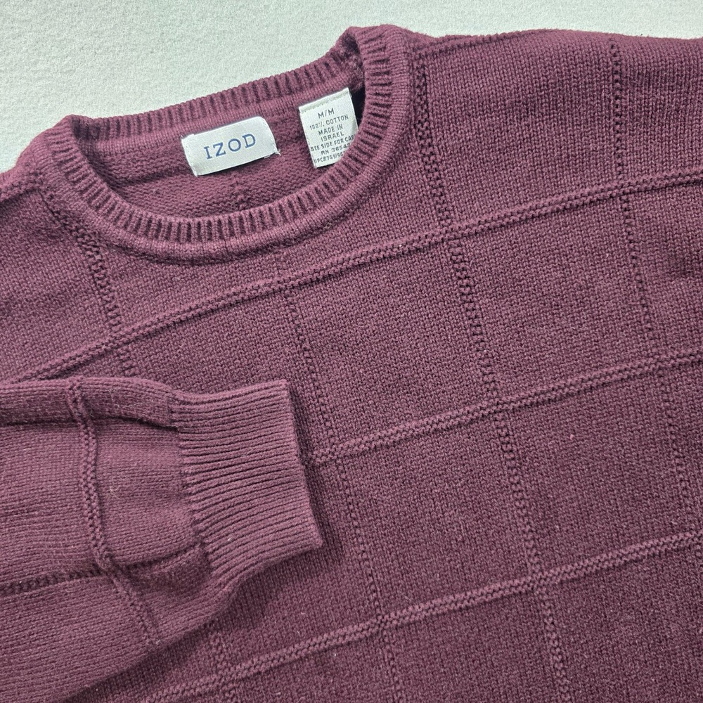 IZOD Mens Medium Burgundy Sweater Crewneck Grid Textured 100% Cotton